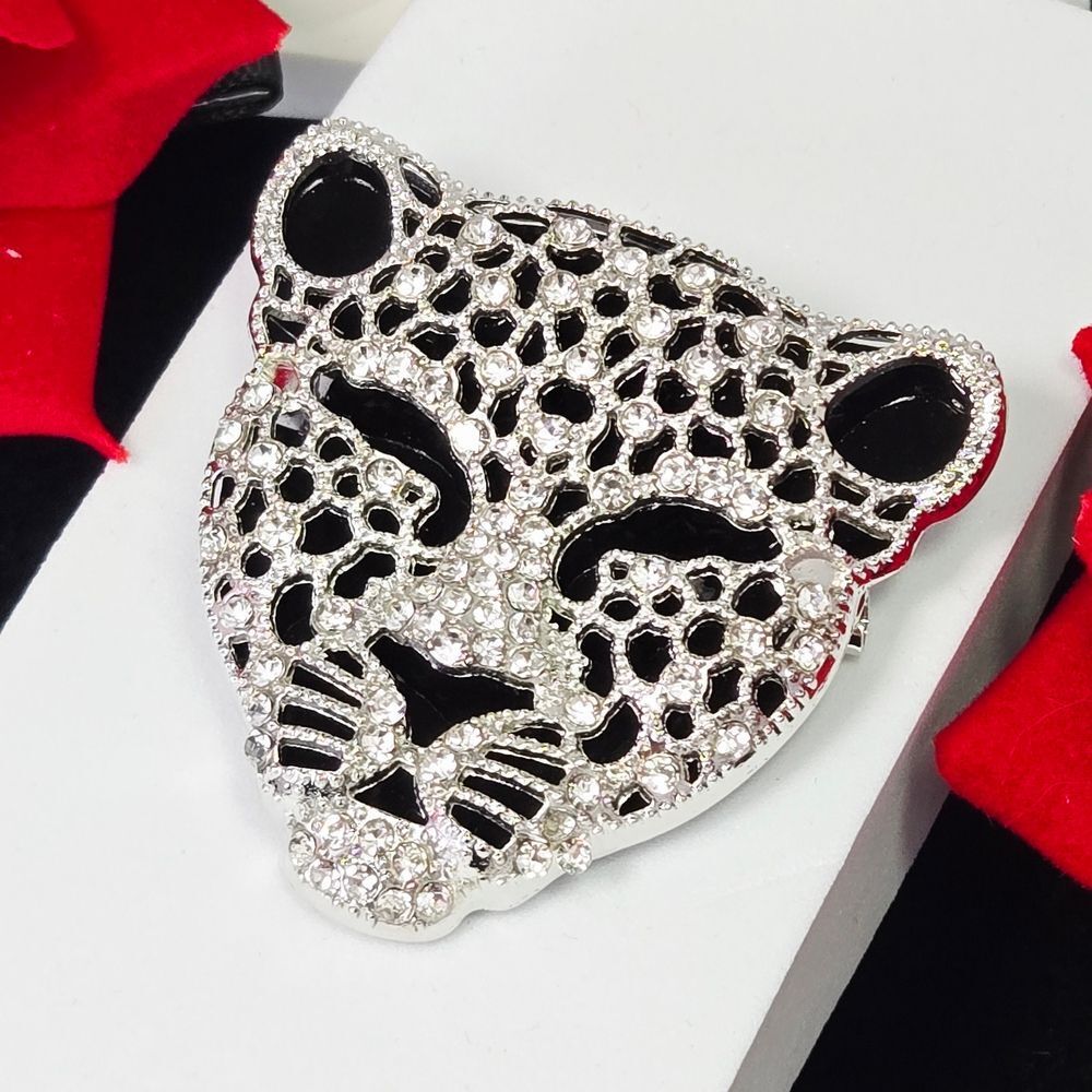 Jaguar Leopard Rhinestone Brooch Silver Big Cat Head Pin Vintage Glam Sparkle